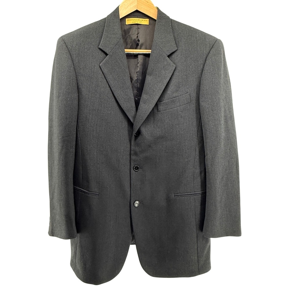DONNA KARAN Signature Mens Jacket Made‎ Italy Wool Sz 42R charcoal herringbone